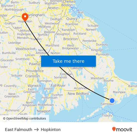 East Falmouth to Hopkinton map