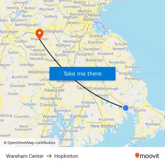 Wareham Center to Hopkinton map