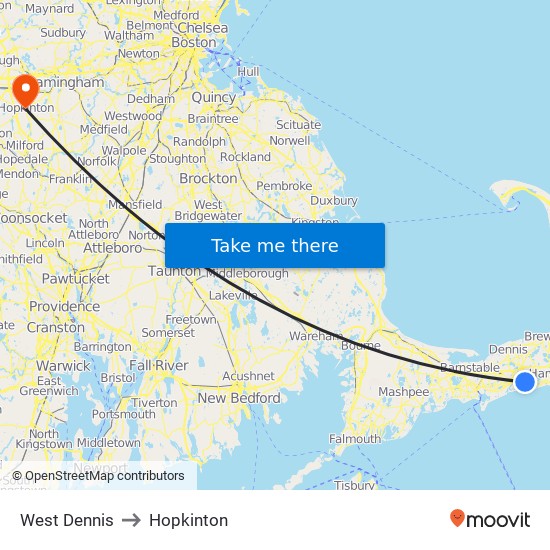 West Dennis to Hopkinton map