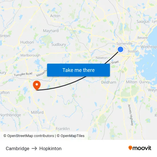 Cambridge to Hopkinton map
