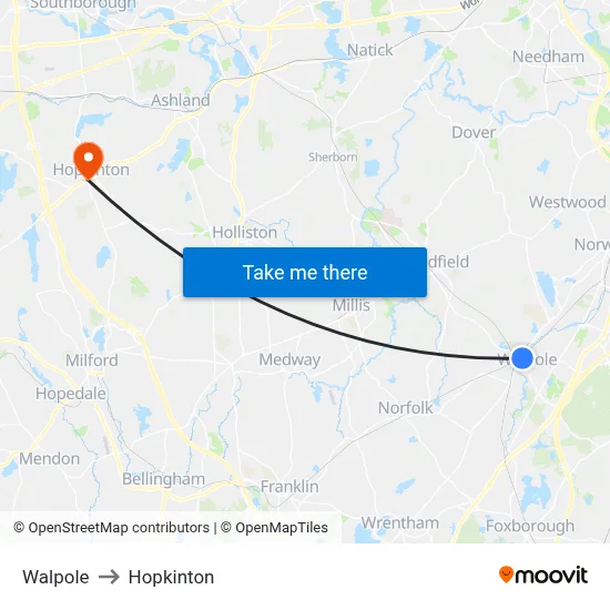 Walpole to Hopkinton map