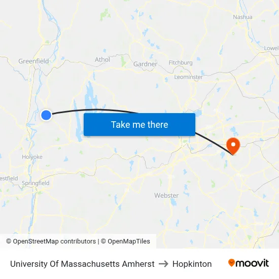 University Of Massachusetts Amherst to Hopkinton map
