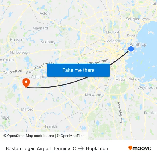 Boston Logan Airport Terminal C to Hopkinton map