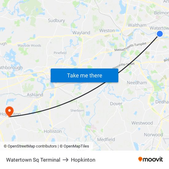 Watertown Sq Terminal to Hopkinton map