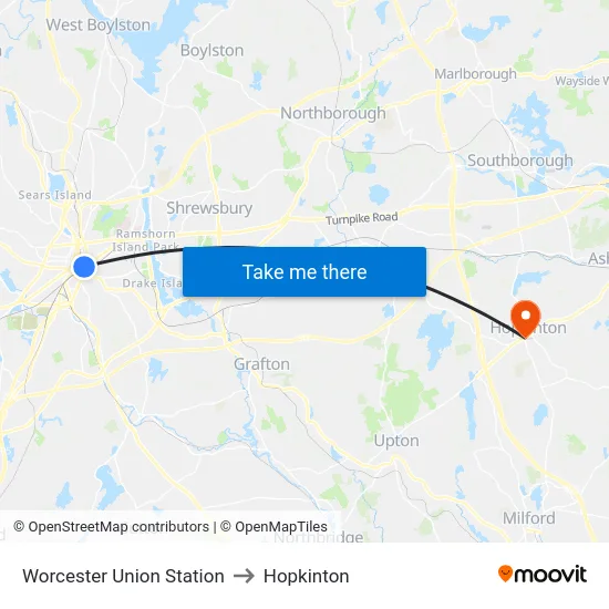 Worcester Union Station to Hopkinton map