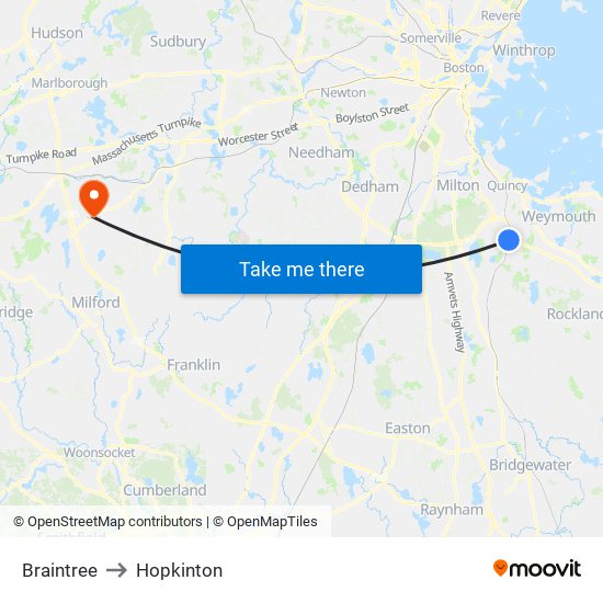 Braintree to Hopkinton map