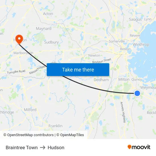Braintree Town to Hudson map