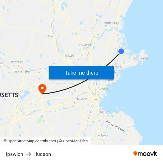 Ipswich to Hudson map