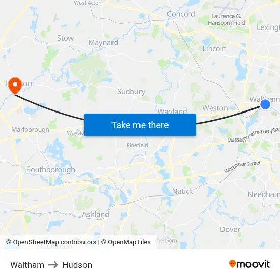 Waltham to Hudson map