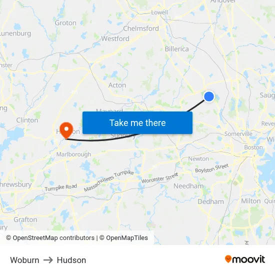 Woburn to Hudson map