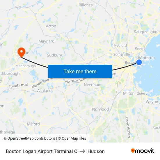 Boston Logan Airport Terminal C to Hudson map