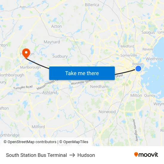 South Station Bus Terminal to Hudson map