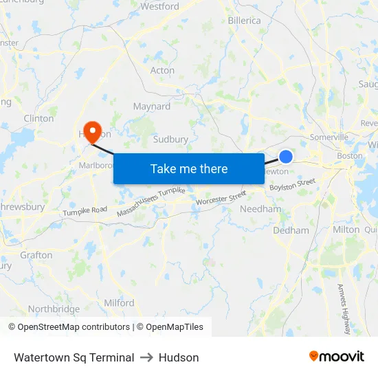 Watertown Sq Terminal to Hudson map