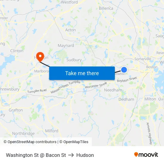 Washington St @ Bacon St to Hudson map
