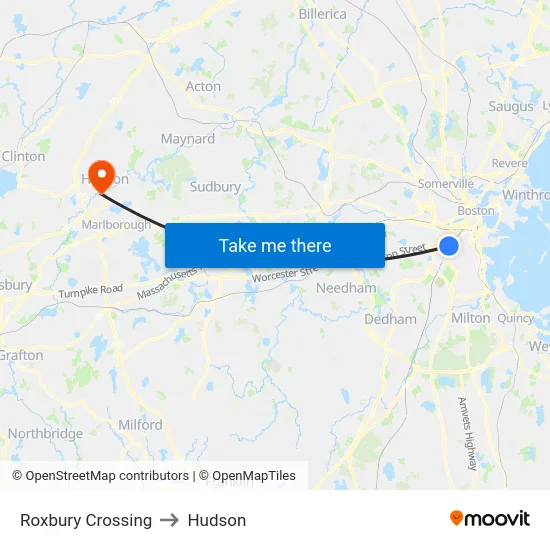 Roxbury Crossing to Hudson map