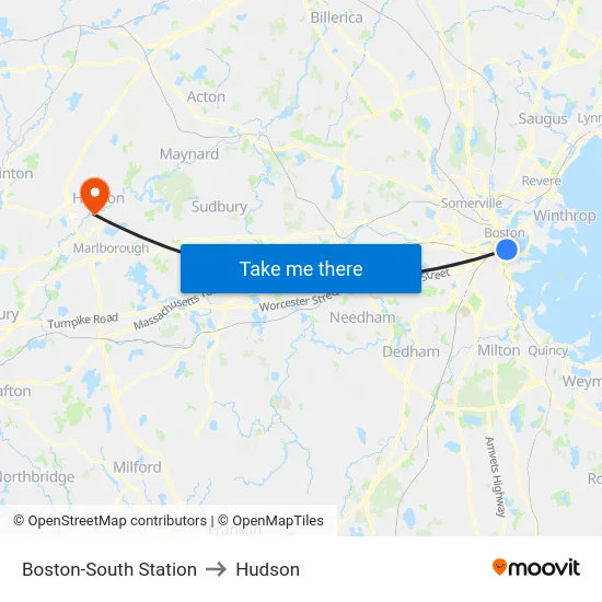 Boston-South Station to Hudson map