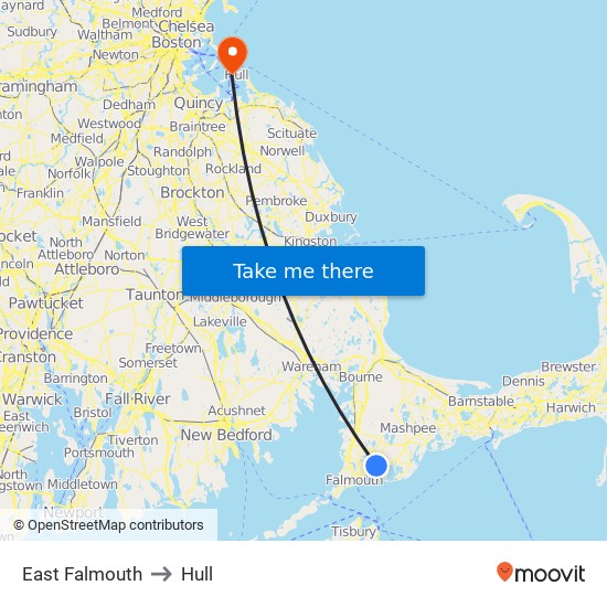 East Falmouth to Hull map