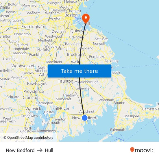 New Bedford to Hull map