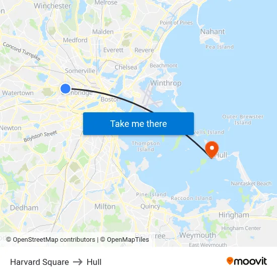 Harvard Square to Hull map