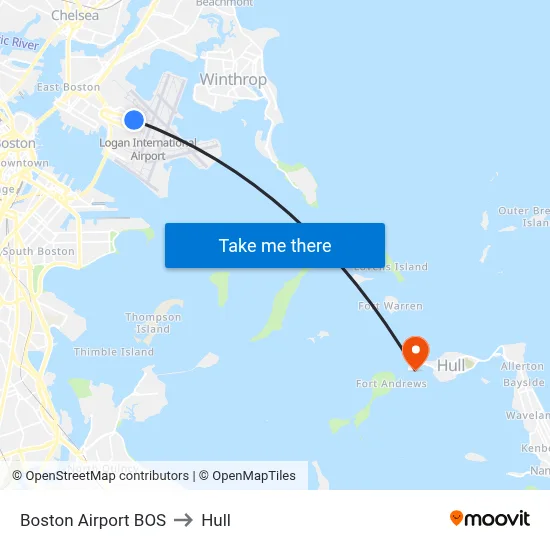Boston Airport BOS to Hull map