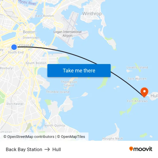 Back Bay Station to Hull map