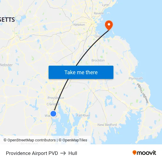 Providence Airport PVD to Hull map