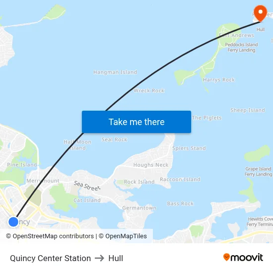 Quincy Center Station to Hull map