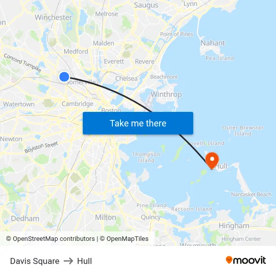 Davis Square to Hull map