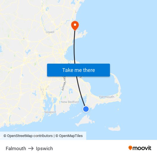Falmouth to Ipswich map