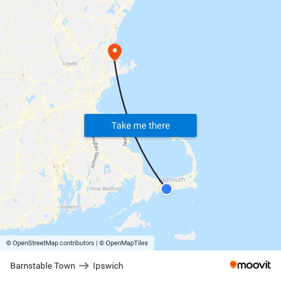 Barnstable Town to Ipswich map