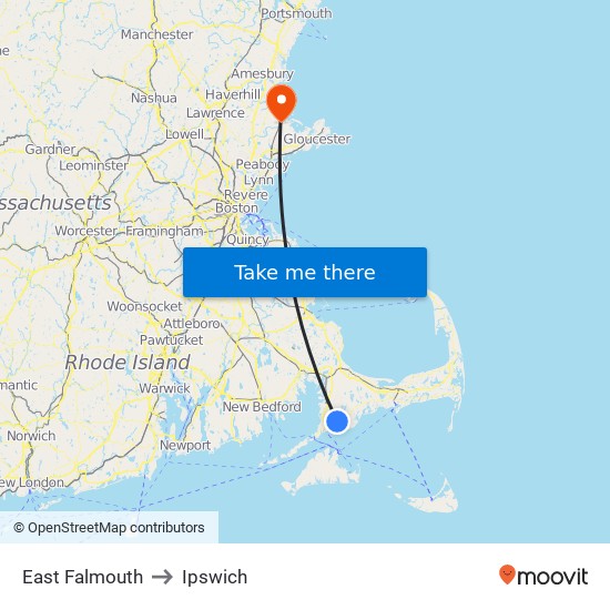 East Falmouth to Ipswich map