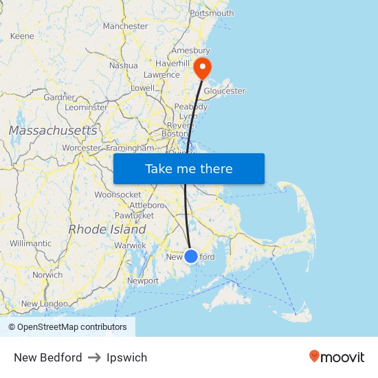 New Bedford to Ipswich map