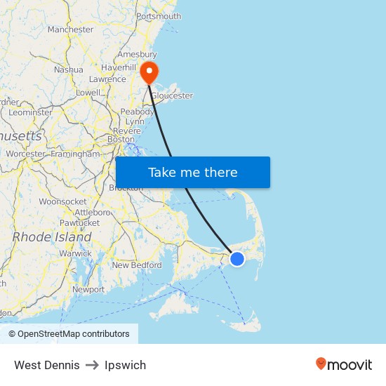 West Dennis to Ipswich map