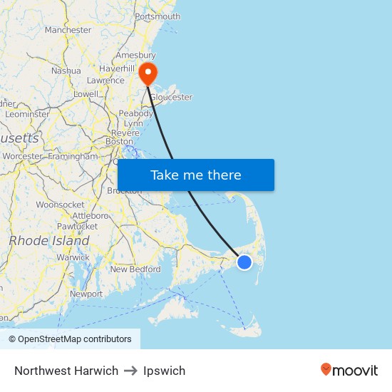 Northwest Harwich to Ipswich map