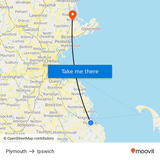 Plymouth to Ipswich map