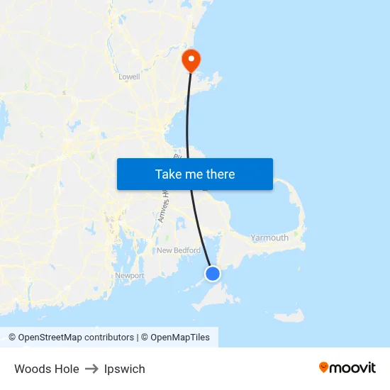 Woods Hole to Ipswich map