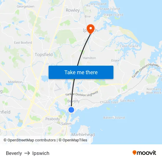 Beverly to Ipswich map