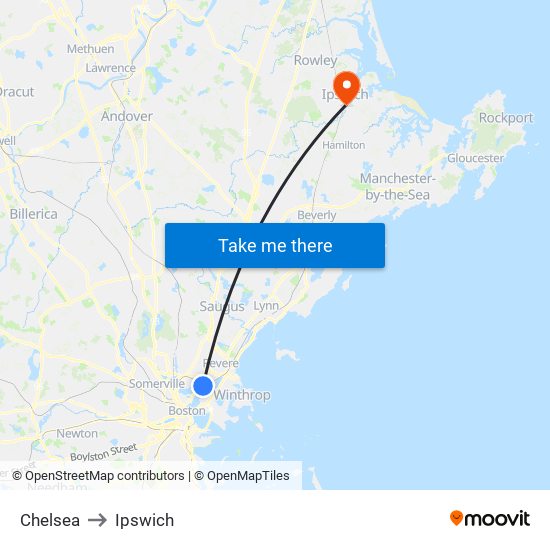 Chelsea to Ipswich map