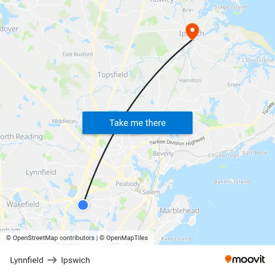 Lynnfield to Ipswich map