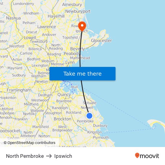 North Pembroke to Ipswich map
