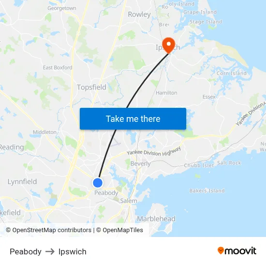 Peabody to Ipswich map