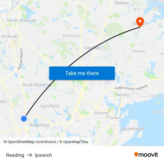 Reading to Ipswich map