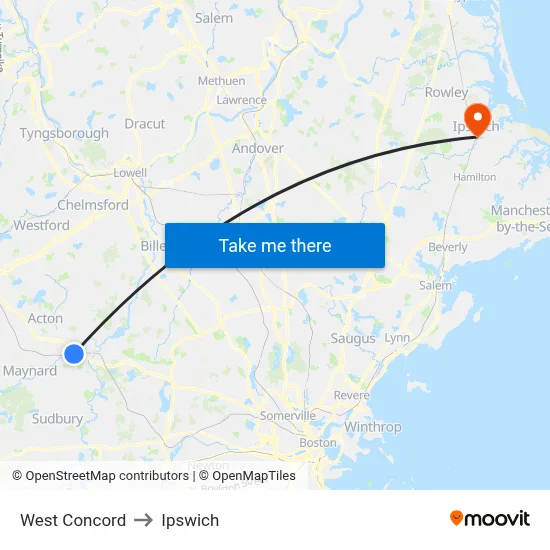West Concord to Ipswich map