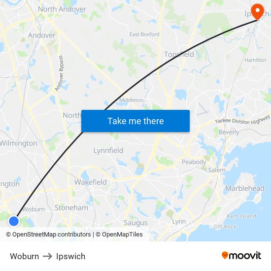 Woburn to Ipswich map