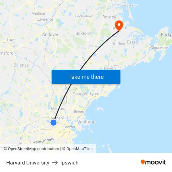 Harvard University to Ipswich map