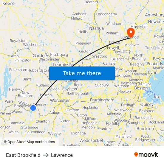 East Brookfield to Lawrence map