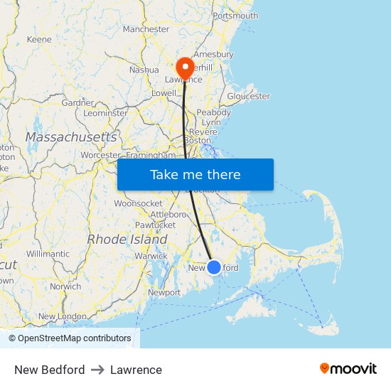 New Bedford to Lawrence map