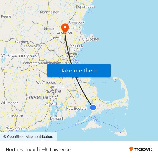 North Falmouth to Lawrence map