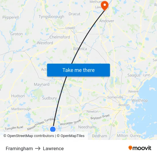Framingham to Lawrence map