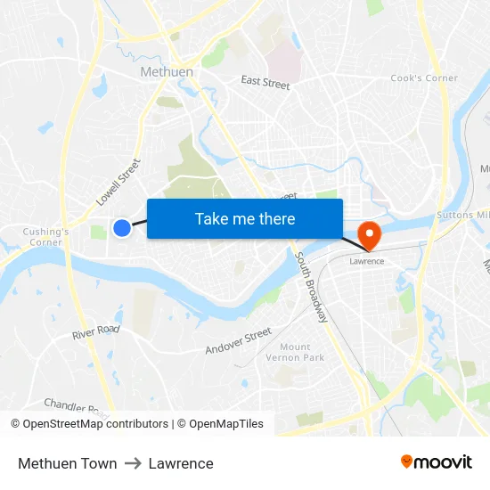 Methuen Town to Lawrence map